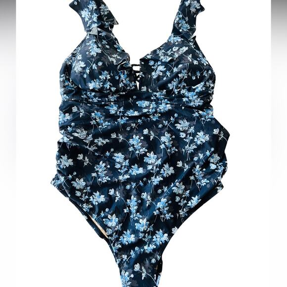 A Pea in the Pod Ruffled Maternity One Piece Floral Swimsuit Medium Blue L NWT - Picture 3 of 8